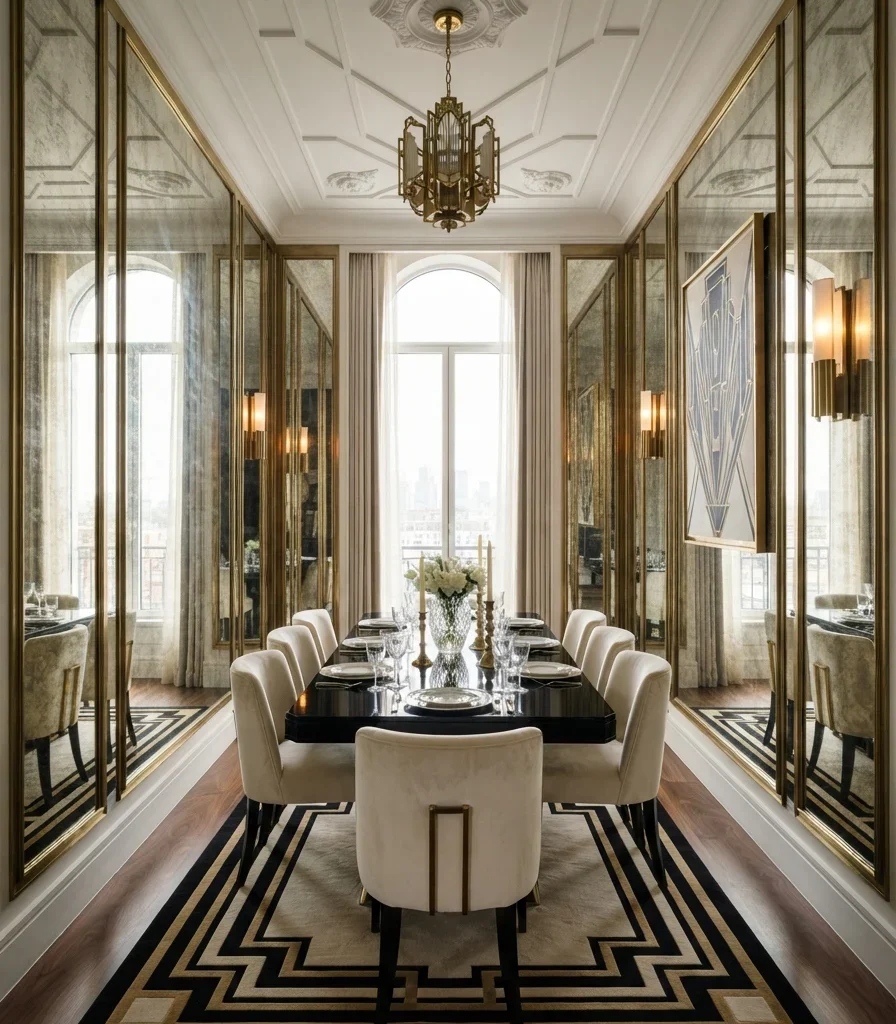 16. Mirrored Wall Panels in a Narrow Dining Room