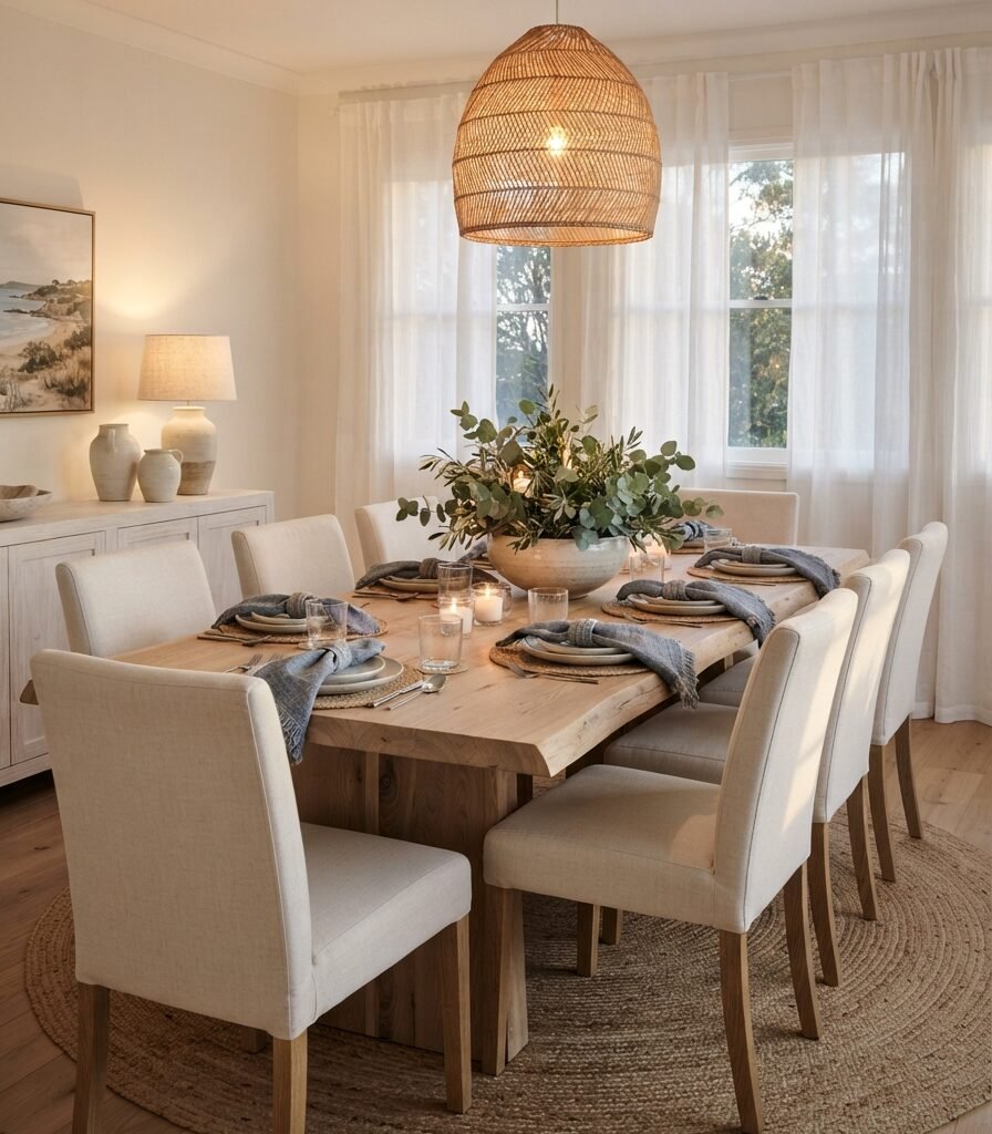 16. Relaxed Coastal Dining Room with a Low Centerpiece