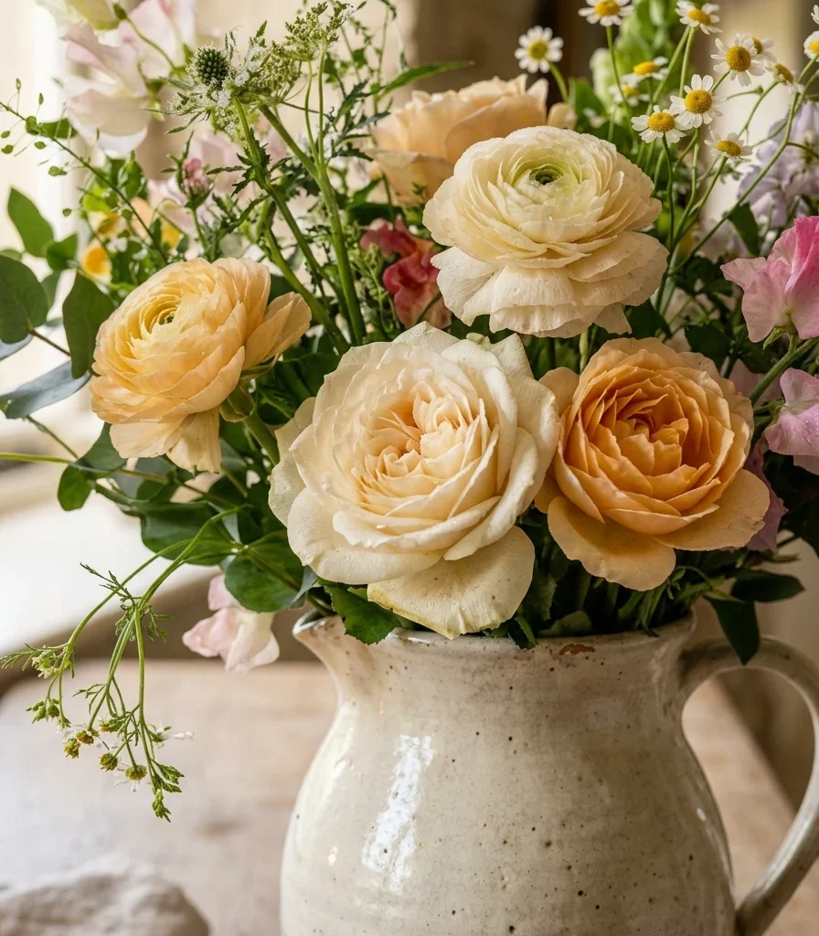 17. Fresh-Cut Garden Flowers in a Ceramic Jug