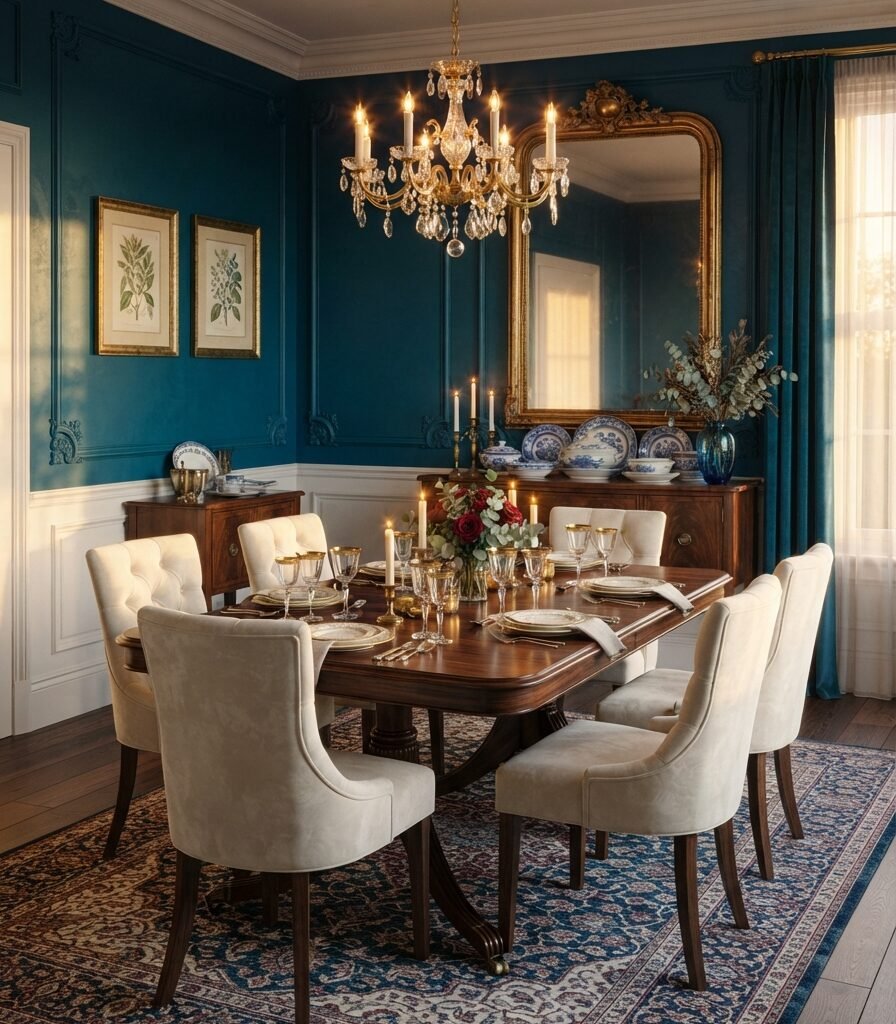 17. Peacock Blue and Brass Victorian Dining Room