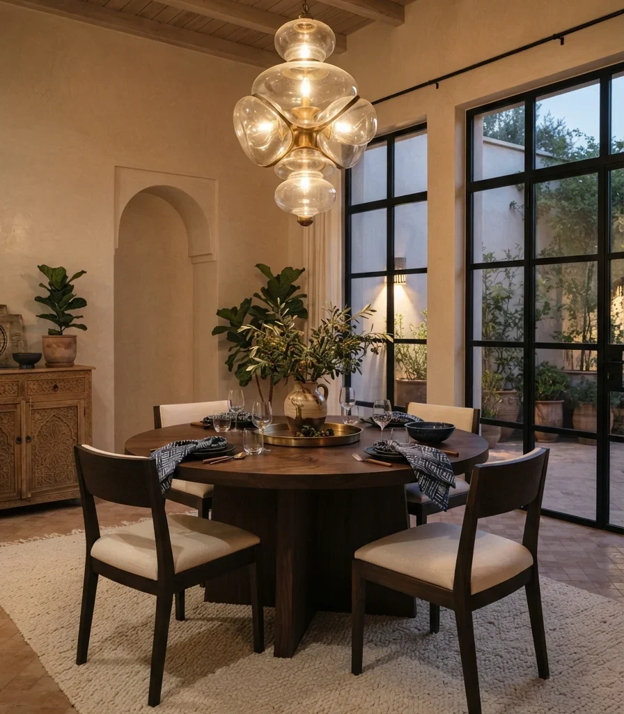 17. Use a Brass-and-Glass Dining Chandelier for a Contemporary Moroccan Look