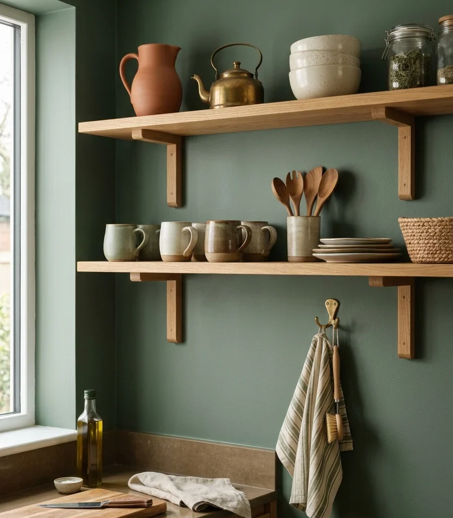 2. A Painted Backsplash Behind Shelves Becomes a Design Statement