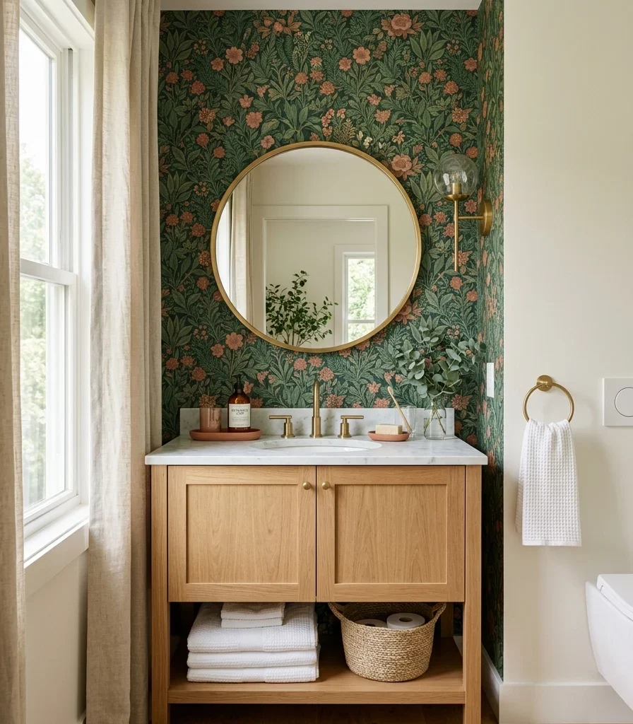 2. Bold Wallpaper on Just the Vanity Wall