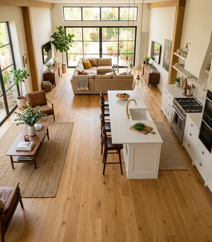 2. Continuous Flooring to Visually Expand the Whole Plan