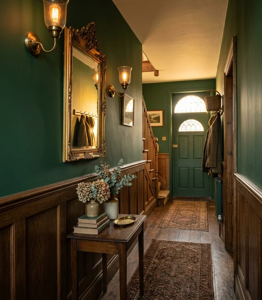 2. Deep Forest Green Walls Above the Paneling