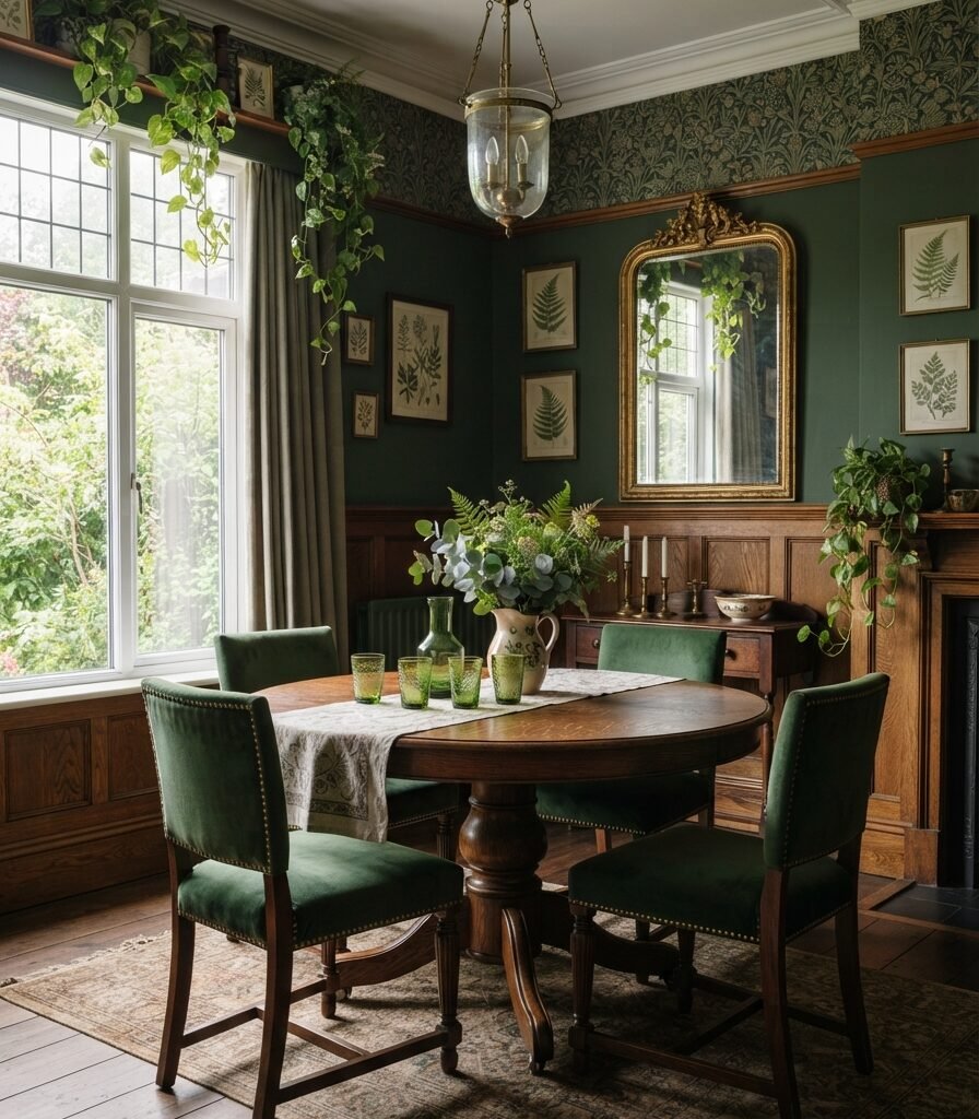 2. Forest Green Victorian Dining Room With Botanical Character