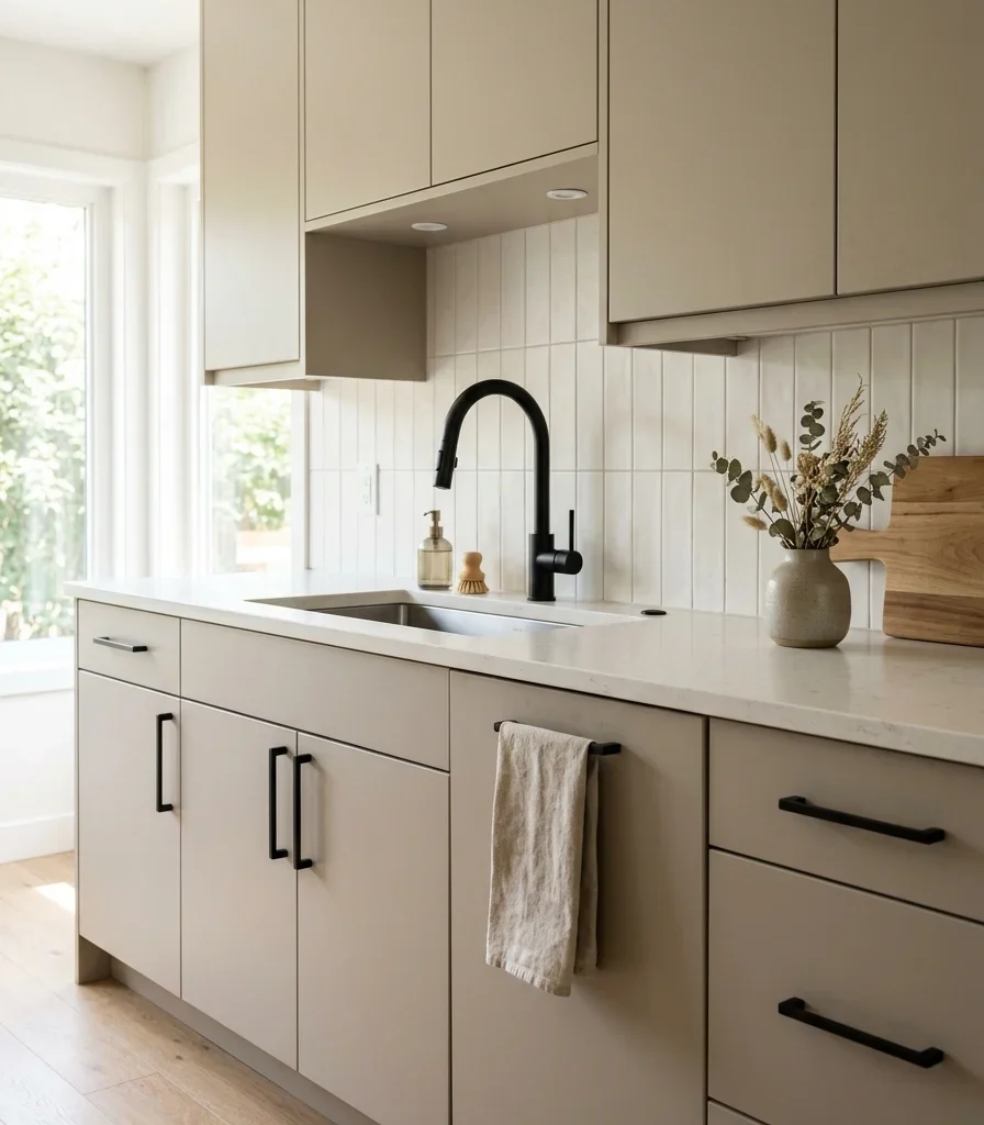 2. Pair Warm Greige Cabinetry With Matte Black