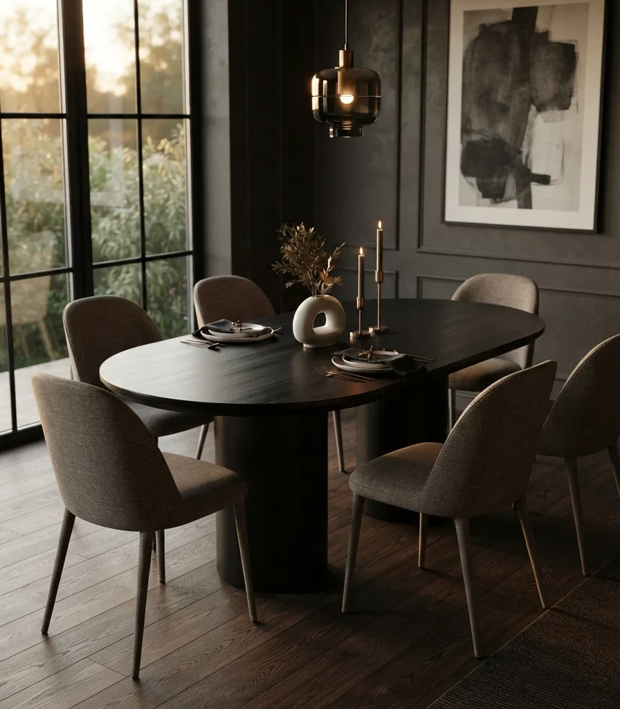2. Pair a Sculptural Black Table With Soft Upholstered Chairs