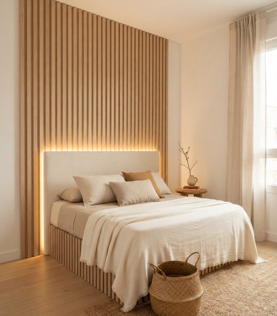 2. Pale Oak Slat Headboard for Vertical Texture