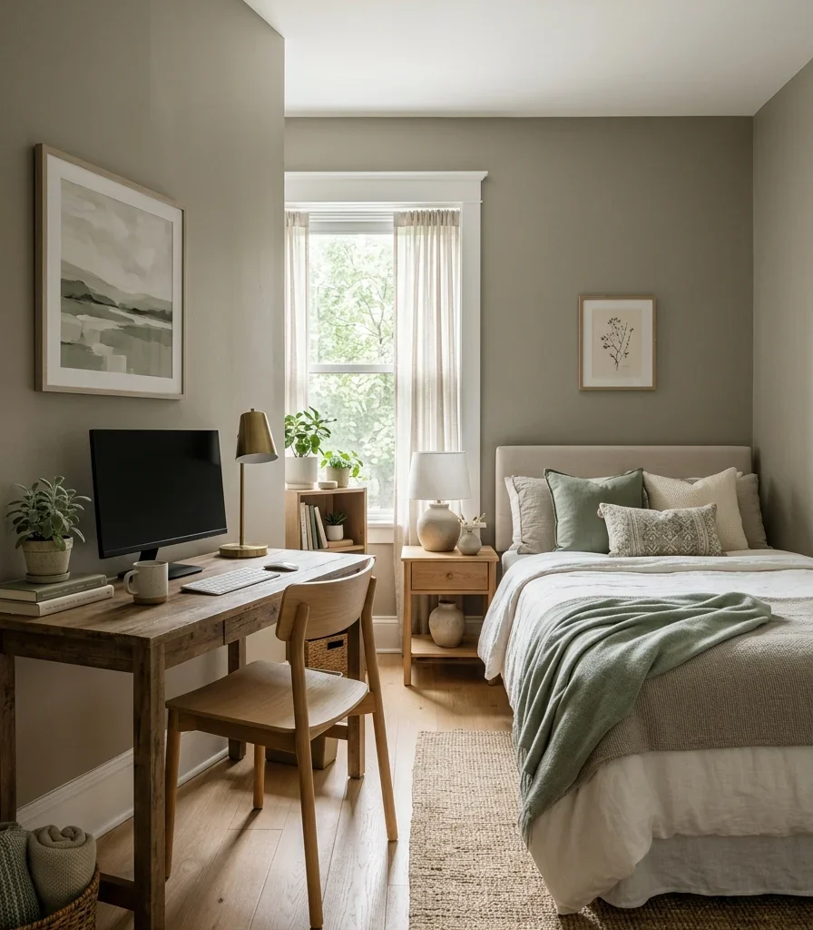 2. Warm Greige Walls That Read Office by Day, Calm by Night