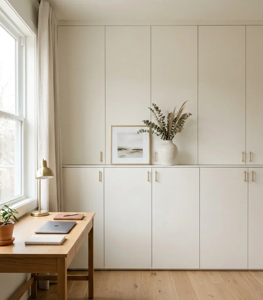 2. Warm White Cabinetry That Makes Storage Disappear