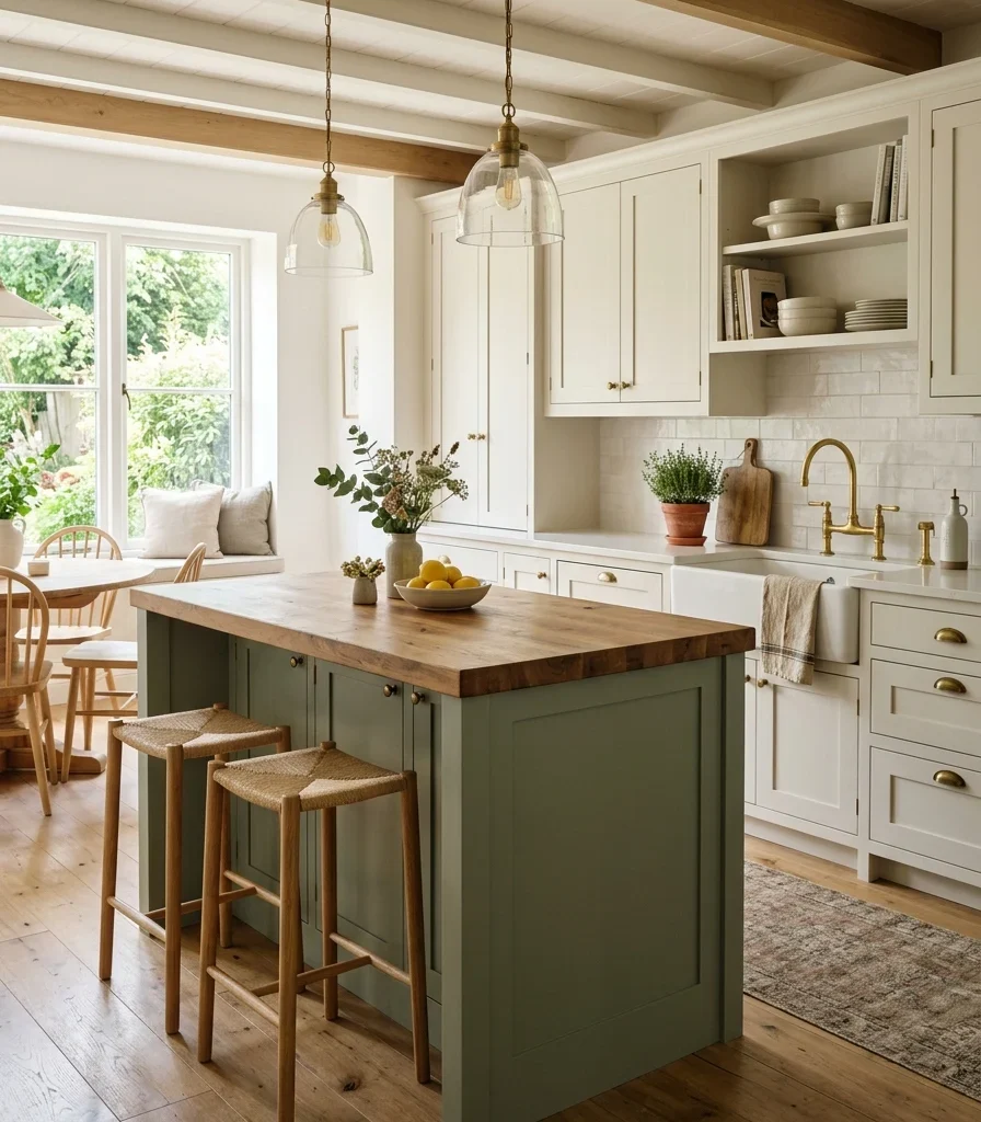 2. Warm White Cabinets with a Sage Green Island