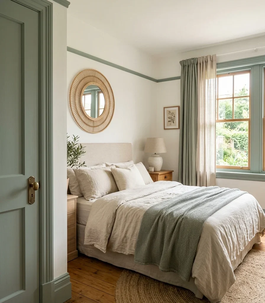 2. Warm White Walls with Dusty Sage Trim