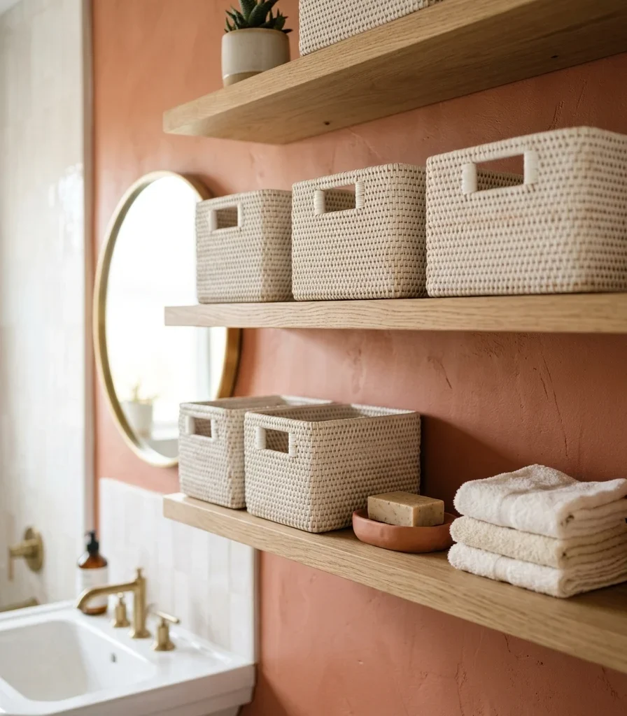 2. White Woven Baskets Against a Warm Terracotta Wall