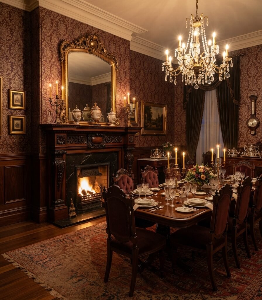 20. A Fireplace-Focused Victorian Dining Room