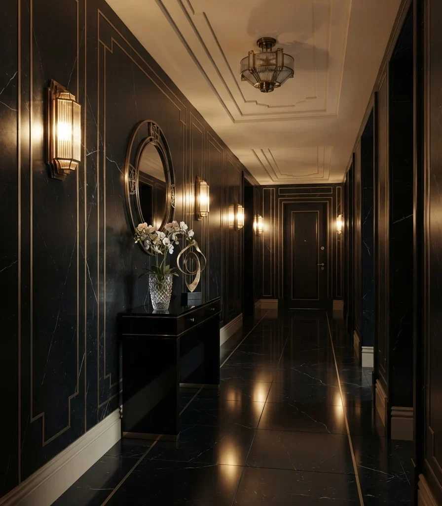 20. Black Marble-Effect Walls with Gold Geometry