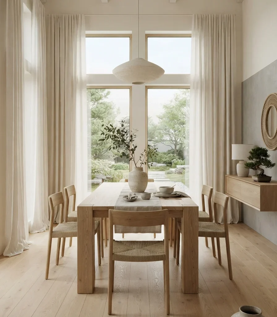 20. Japandi Dining Room With Floor-to-Ceiling Curtains