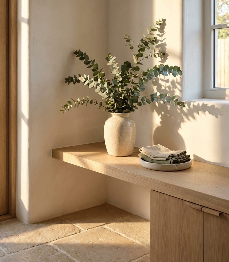 20. Minimal Botanical Styling on the Entry Shelf