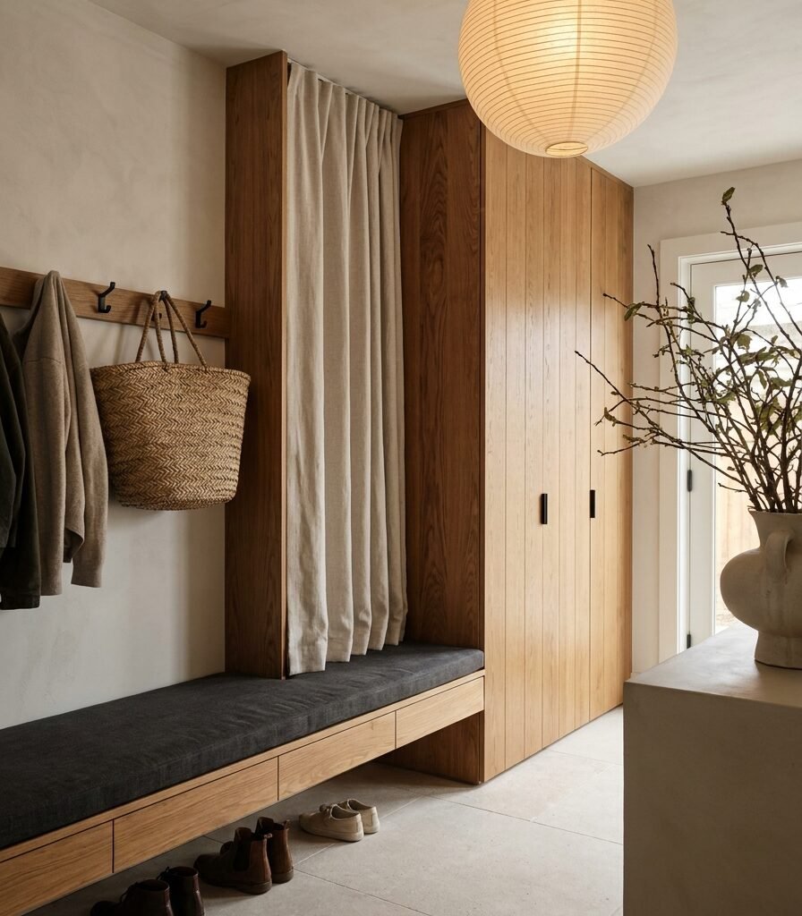 21. The Complete Japandi Mudroom with Hidden Clutter