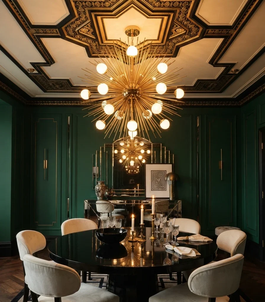 3. A Geometric Sunburst Chandelier as the Focal Point