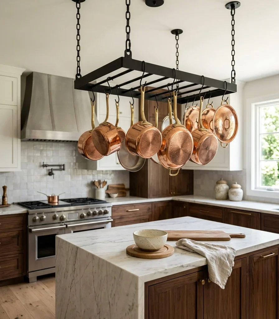 3. Hang a Sculptural Pot Rack as a Ceiling Fixture