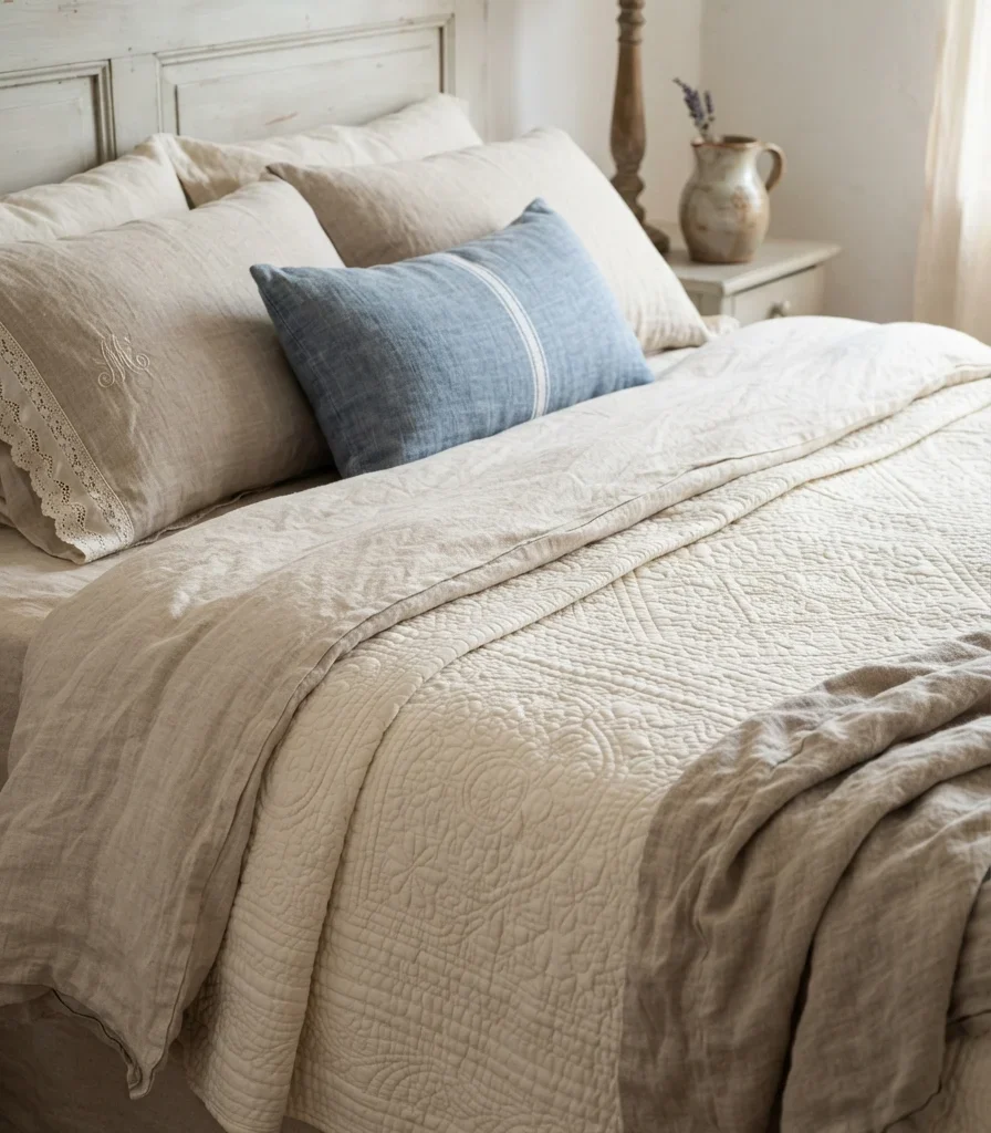 3. Layer Washed Linen With a Quilted Boutis