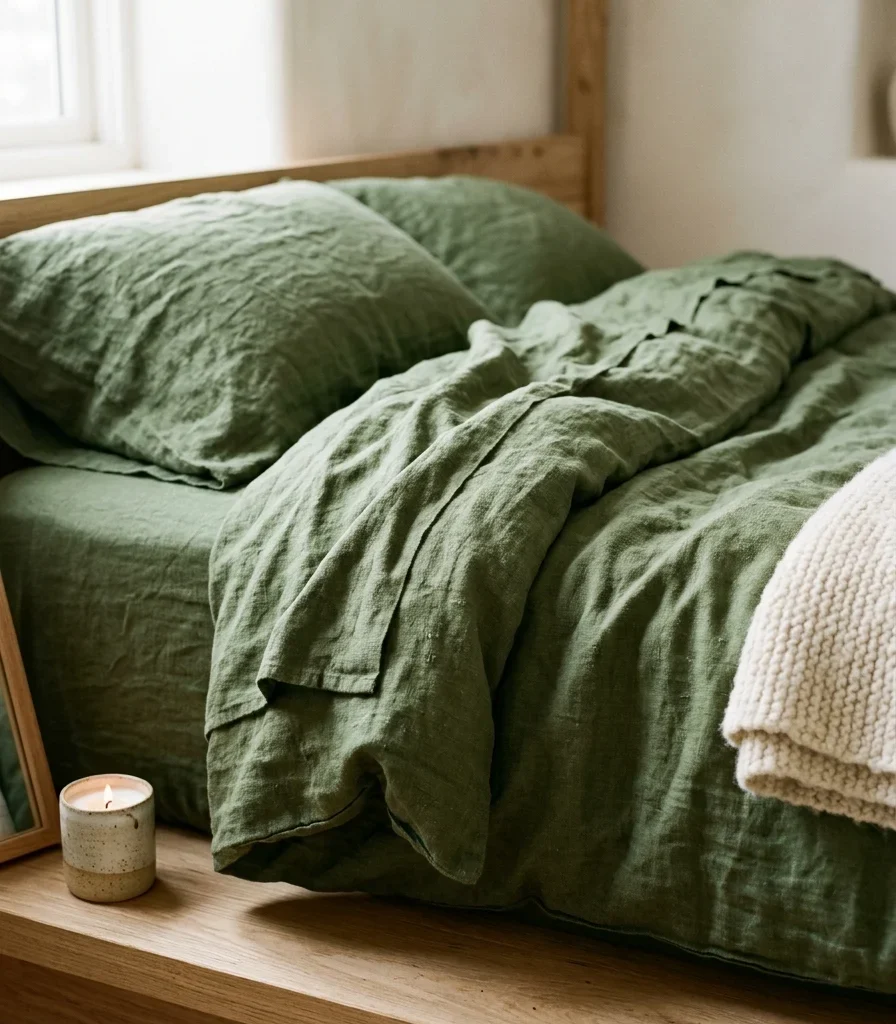 3. Linen Bedding in Muted Moss Tones