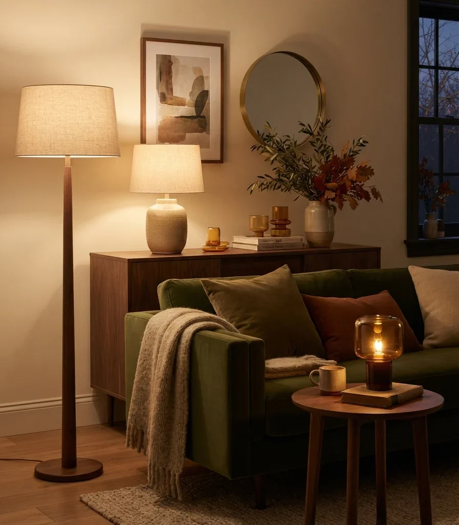 3. Replace Harsh Ceiling Light with Three Warm Lamps