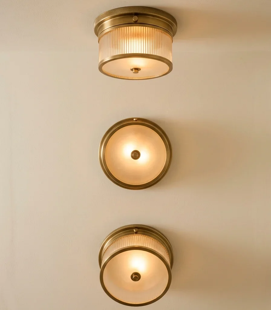 3. Row of Brass Flush-Mount Ceiling Lights