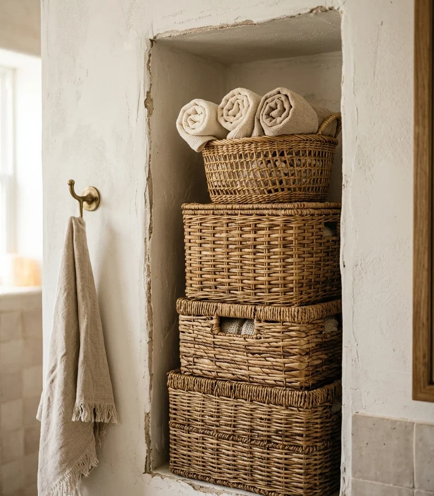 3. Unfinished Rattan Baskets Stacked in a Wall Niche