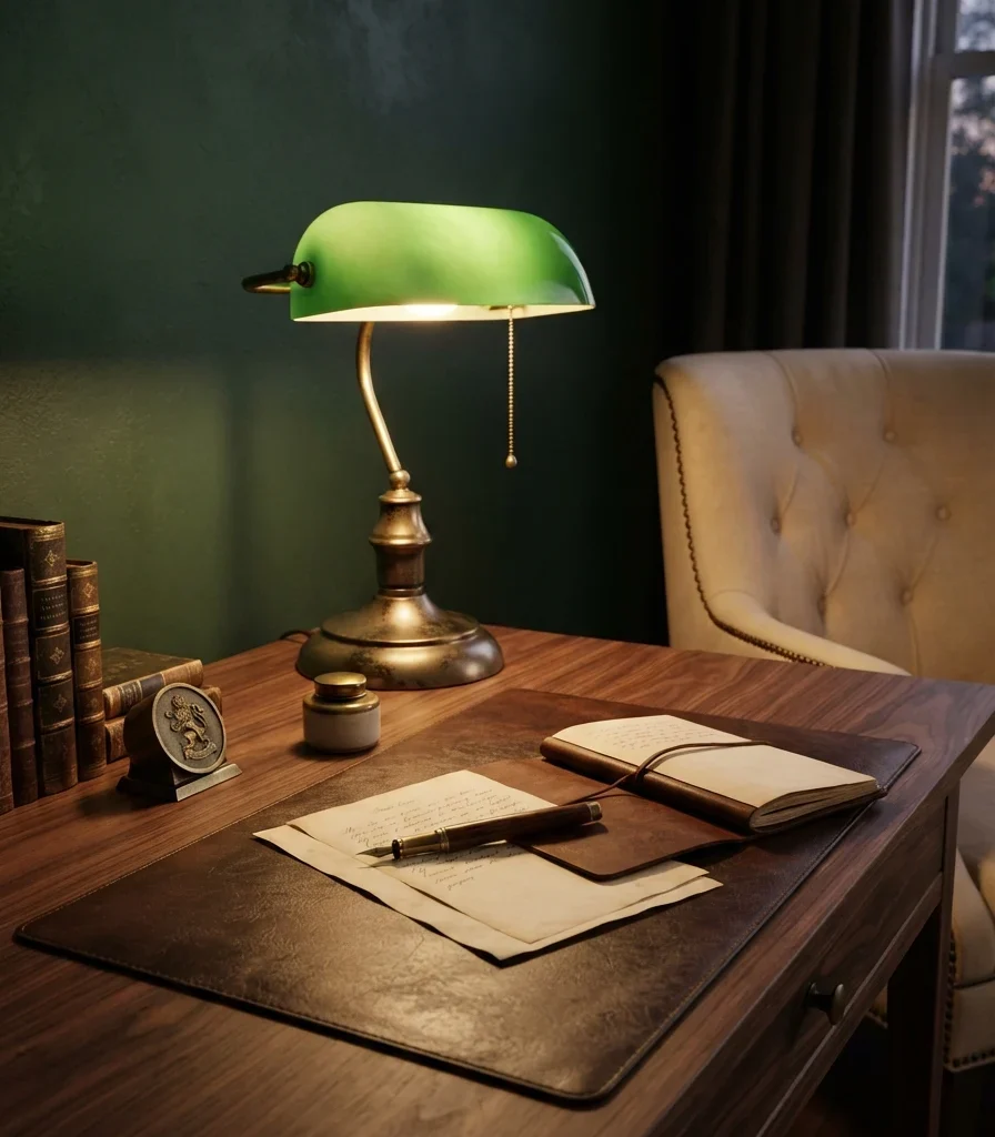 3. Use a Banker’s Lamp as the Office’s Visual Anchor