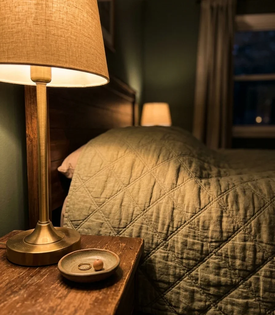 3. Warm Bedside Glow That Flatters a Green Comforter