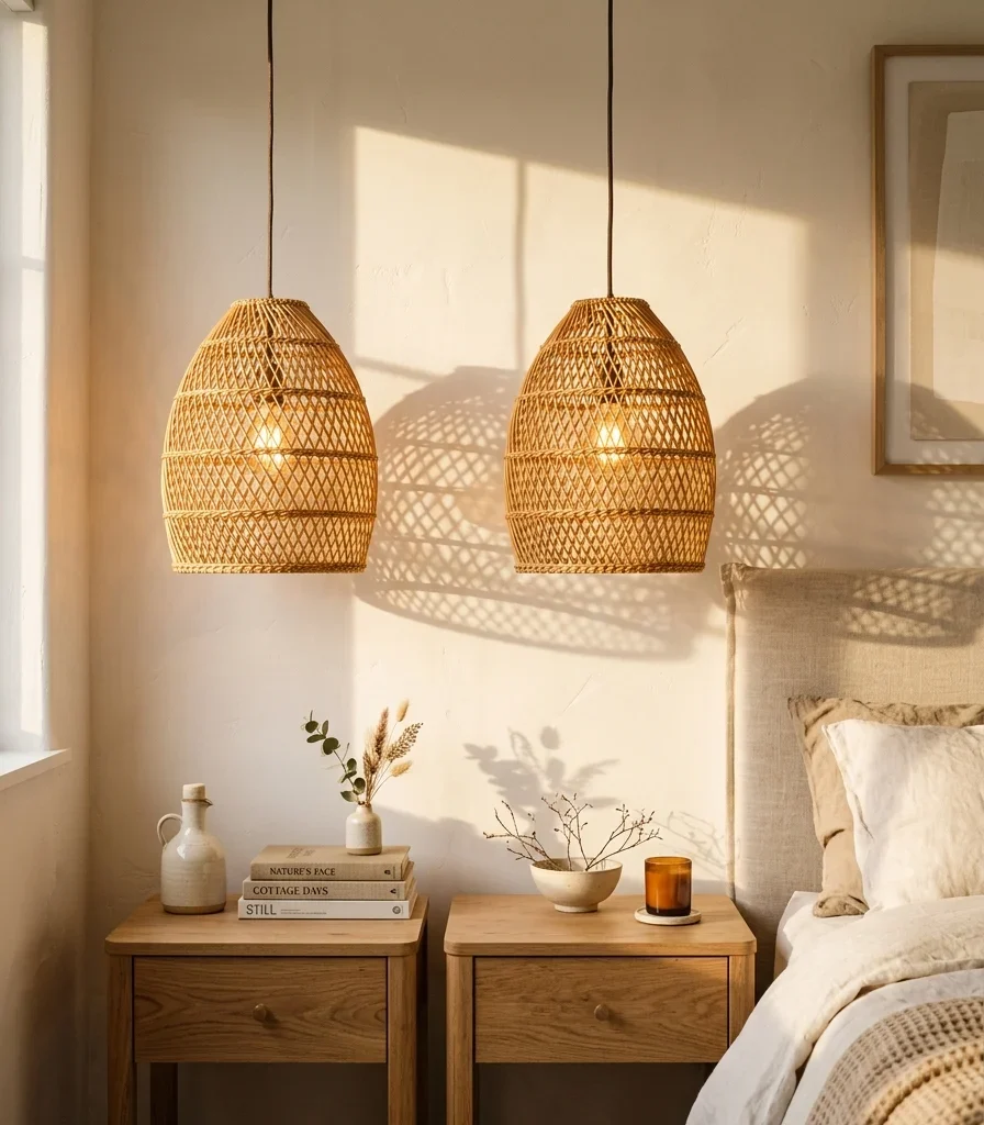 3. Woven Rattan Pendants Over the Nightstands