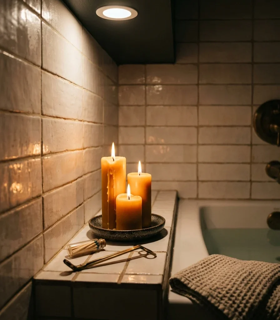4. A Candle Ledge and Recessed Light Layered Above the Tub