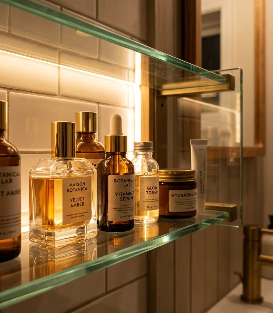 4. Backlight a Glass Display Shelf for Skincare and Perfume