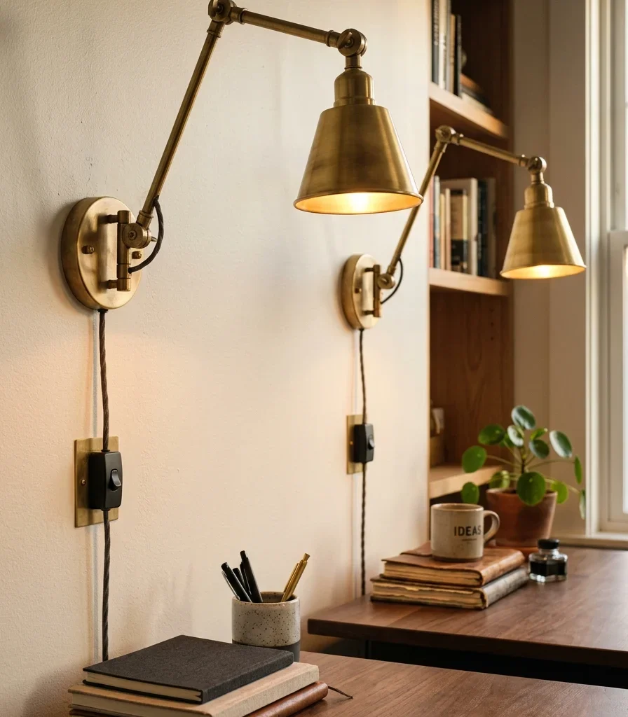 4. Individual Task Lighting With Brass Swing-Arm Sconces