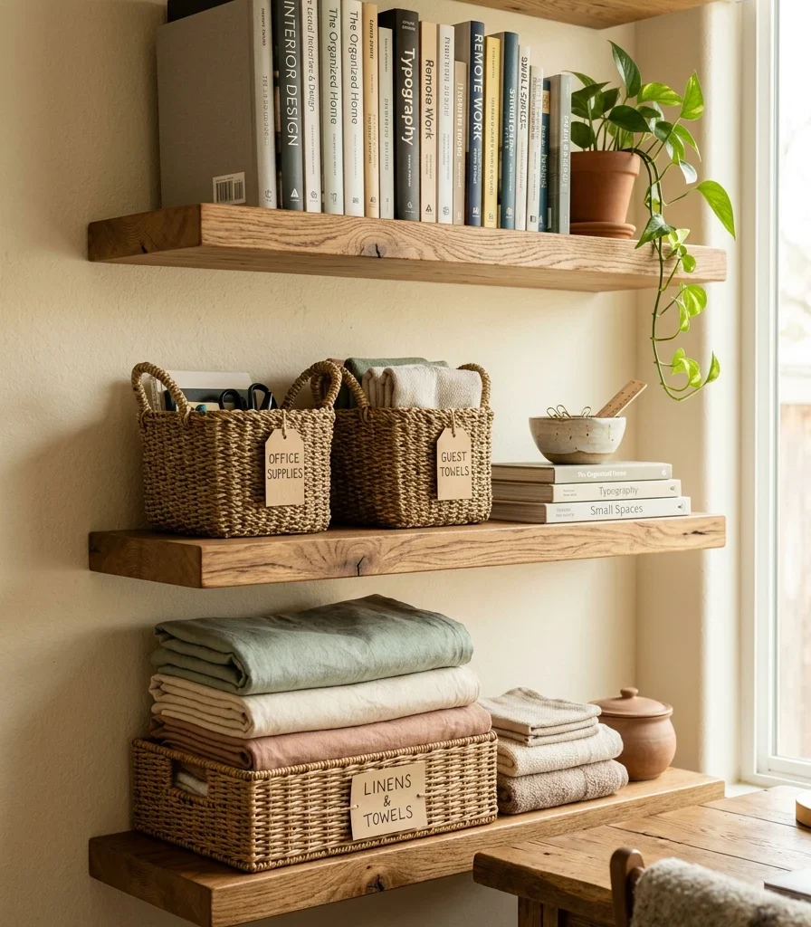 4. Mount Floating Shelves That Serve Books and Guest Essentials