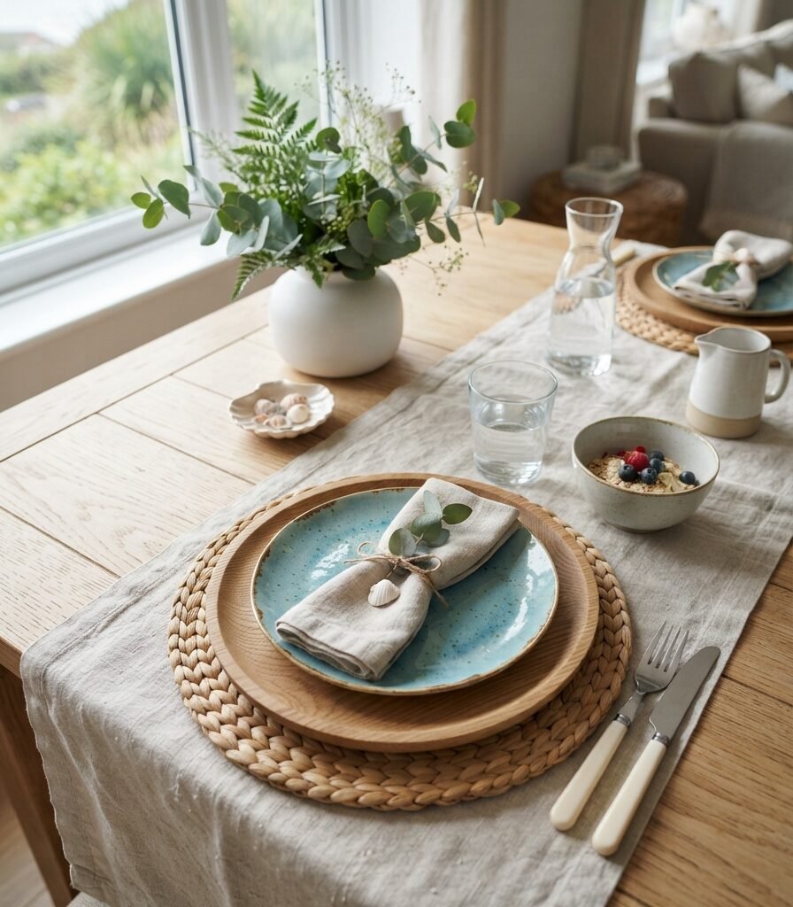 4. Natural Linen Table Styling with Sea-Glass Blue