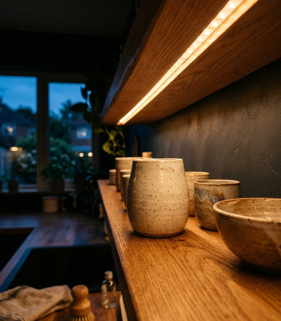 4. Under-Shelf Lighting Turns Storage Into Ambient Light