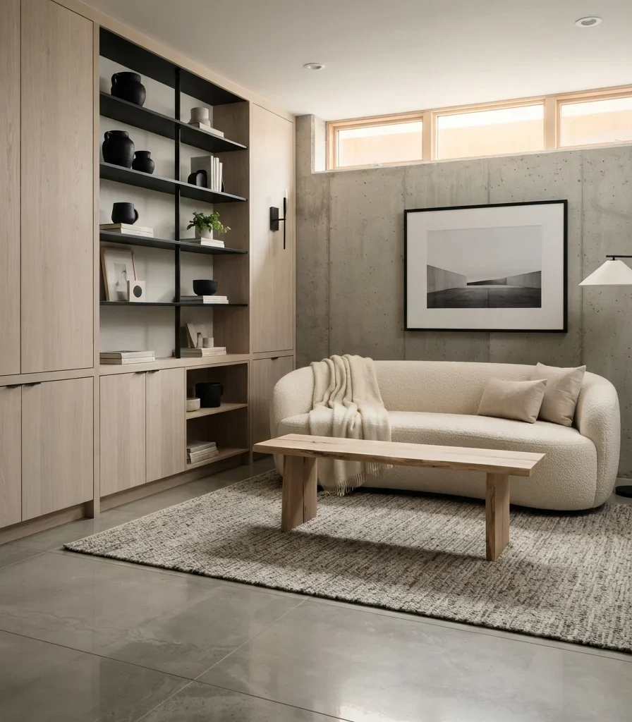 4. Use Pale Oak to Warm Up Concrete and Black Metal