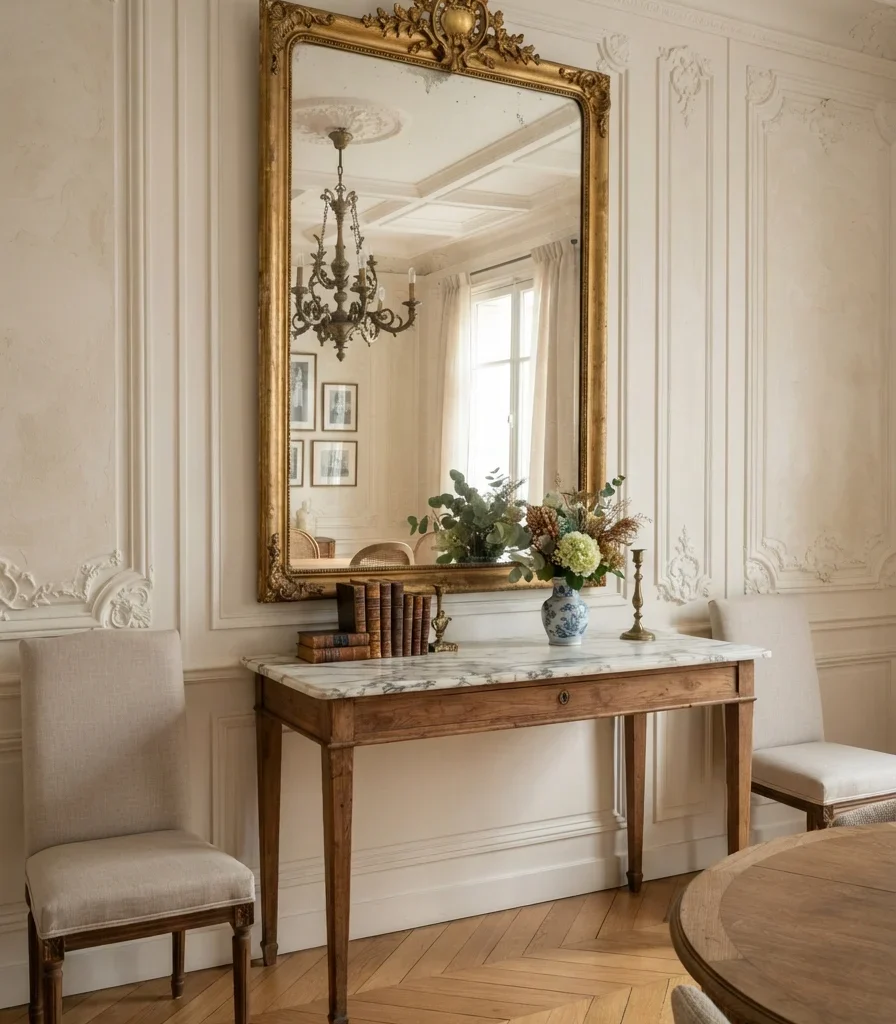 5. A Gilded Antique-Style Mirror Above the Sideboard
