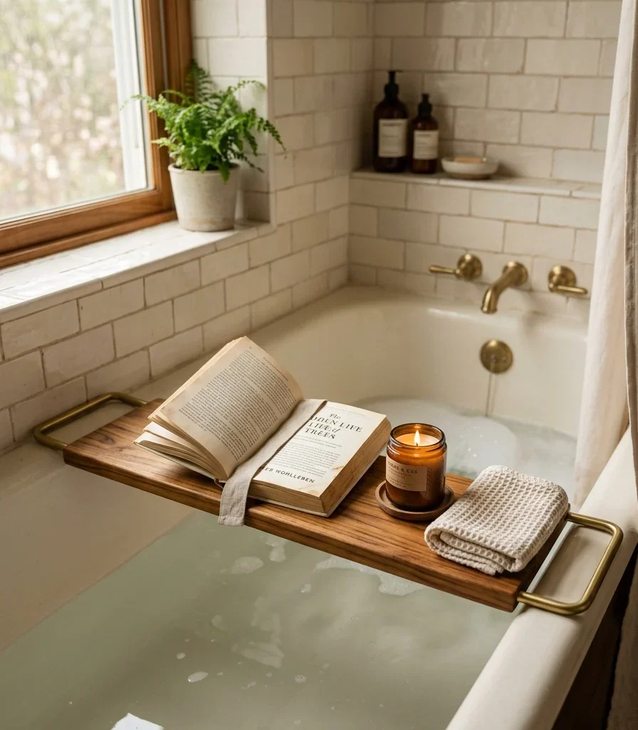 5. A Slim Tub-Side Caddy That Replaces a Side Table
