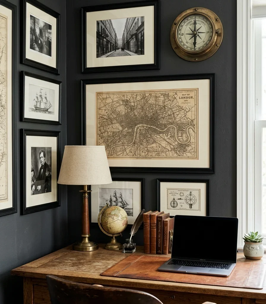 5. A Small Gallery Wall of Maps, Prints, and Objects