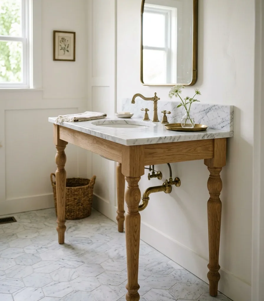 5. A Vintage-Style Vanity Console Instead of Builder-Grade Cabinetry