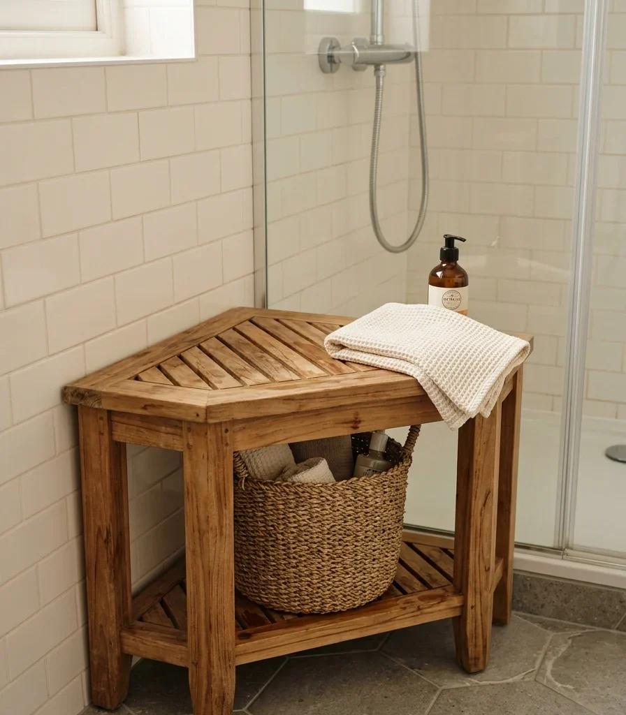 5. Add a Slatted Teak Shower Bench With Storage Beneath