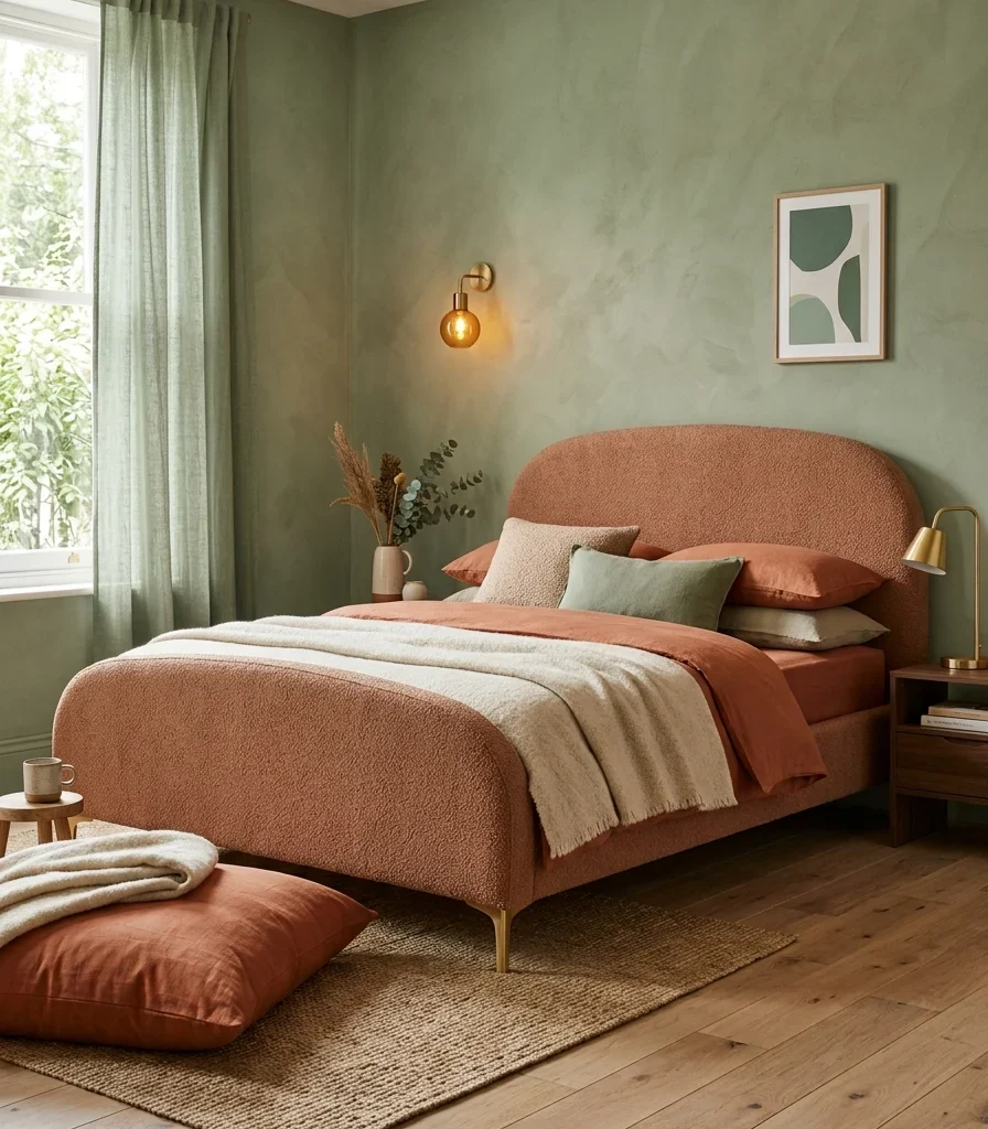 5. Curved Upholstered Bed in Clay-Toned Bouclé