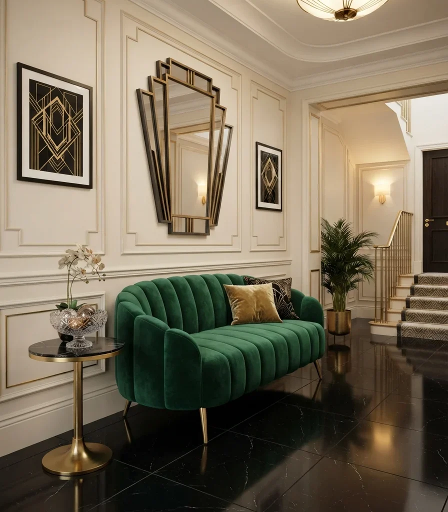 5. Curved Velvet Bench at the Entrance