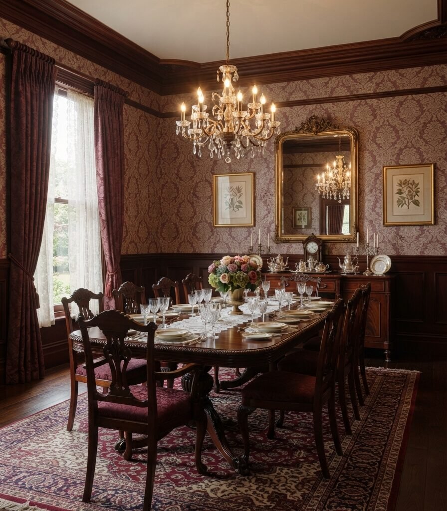 5. Damask Wallpaper for a Formal Victorian Backdrop