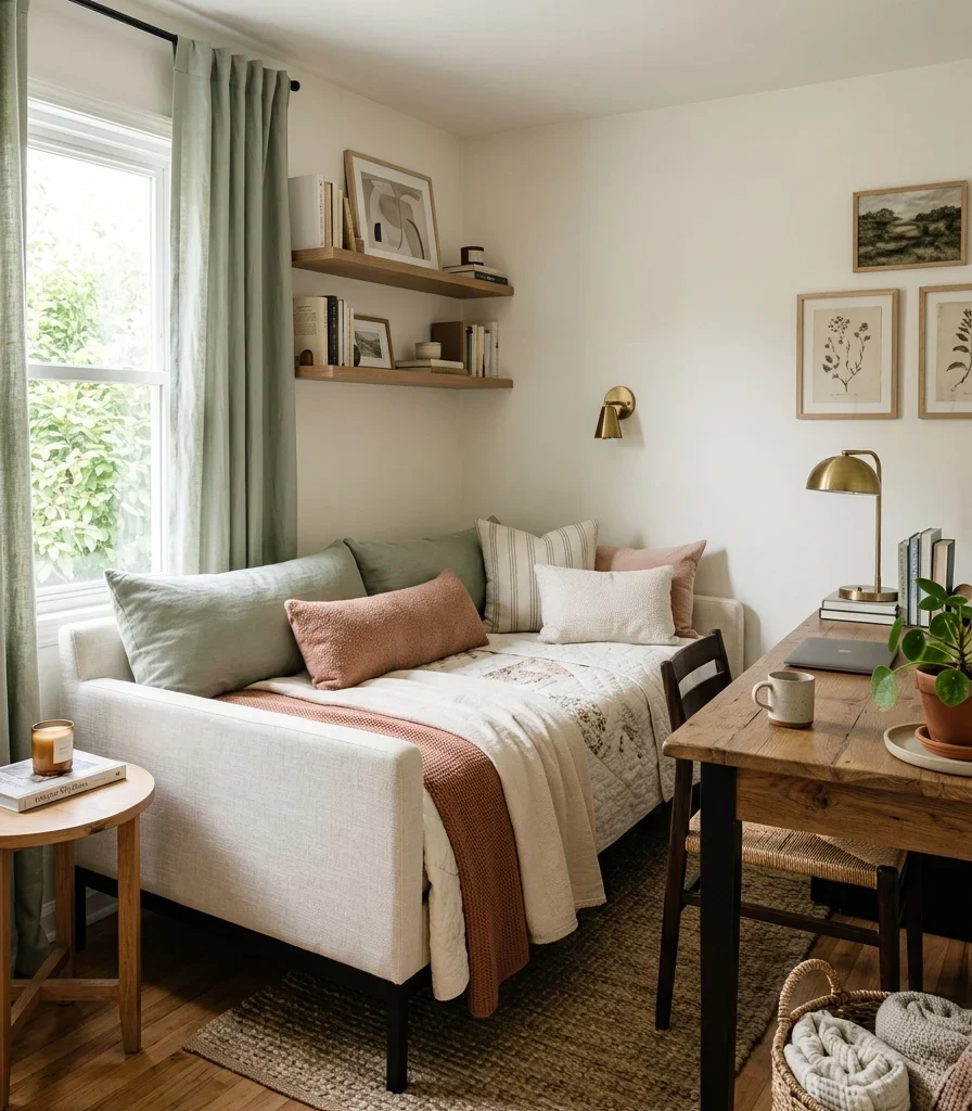 5. Daybed With Bolster Pillows Doubling as Desk-Side Seating