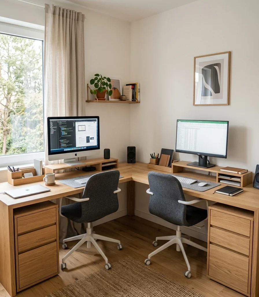 5. L-Shaped Corner Desk to Share One Wall